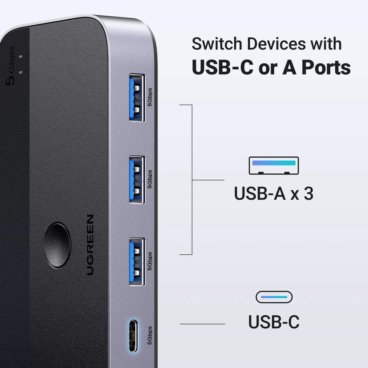 محوّل Ugreen USB 3.0 switch 2-in-4 switch + 2x USB-A Cable - Black CM662-15705