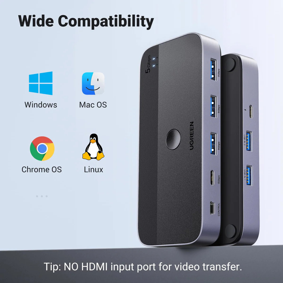 محوّل Ugreen USB 3.0 switch 2-in-4 switch + 2x USB-A Cable - Black CM662-15705