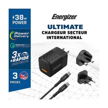 Energizer Ultimate 38W PD/QC Wall Charger with Universal Plug, Dual Output, USB-C to USB-C Braided Cable, Black