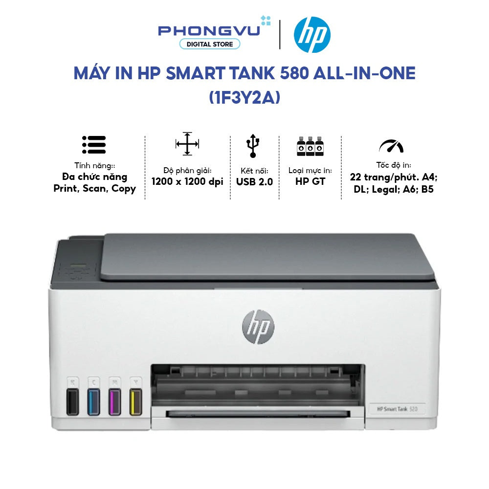 طابعة HP Smart Tank 580 متعددة الوظائف - سرعة طباعة 12 صفحة في الدقيقة / دقة 4800 نقطة في البوصة / مقاس A4 / منفذ USB / واي فاي / بلوتوث / طابعة نفث حبر ملونة - 1F3Y2A