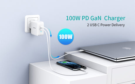 Choetech 100W Dual USB C Port Charger - with CC Cable - أبيض