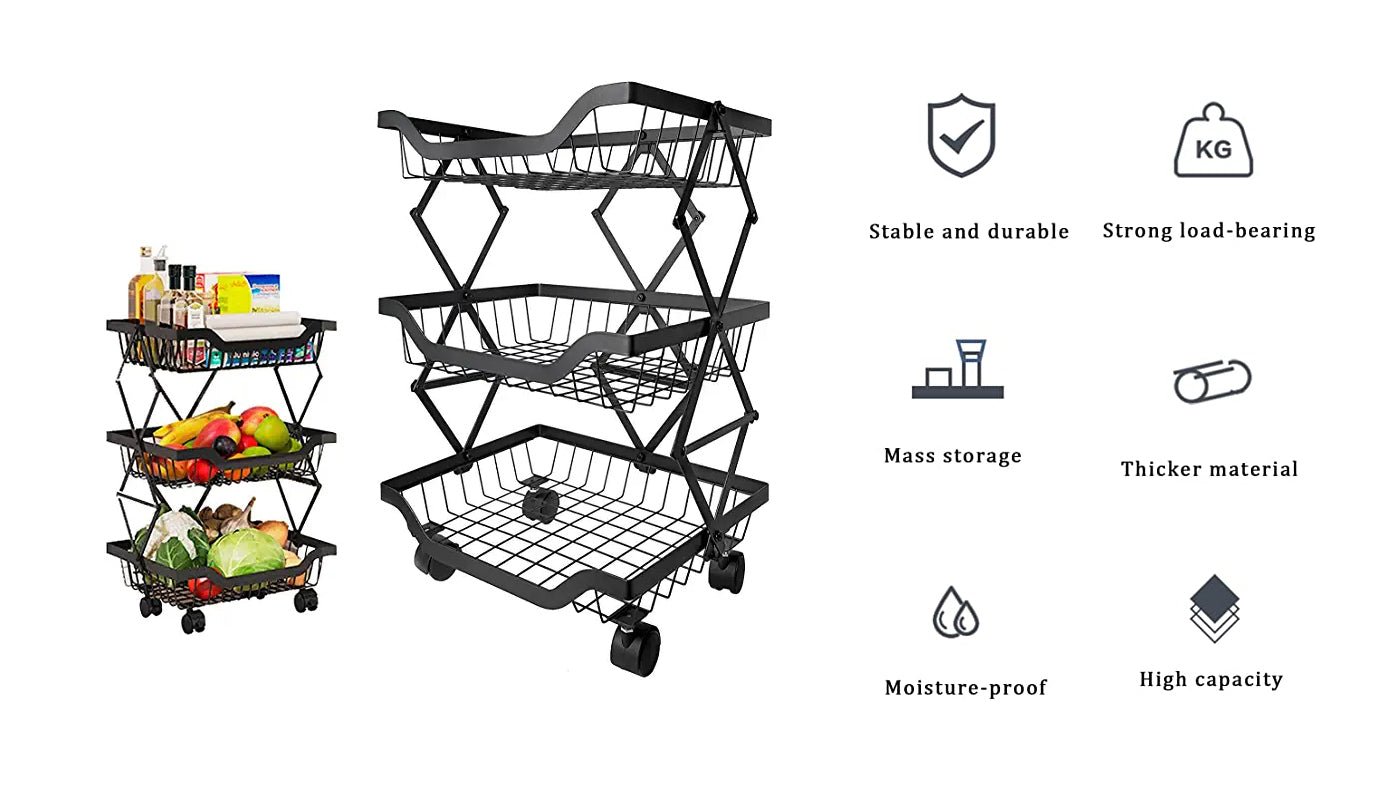 3 Layer Adjustable Foldable Movable Storage Rack for Kitchen Use Level Up