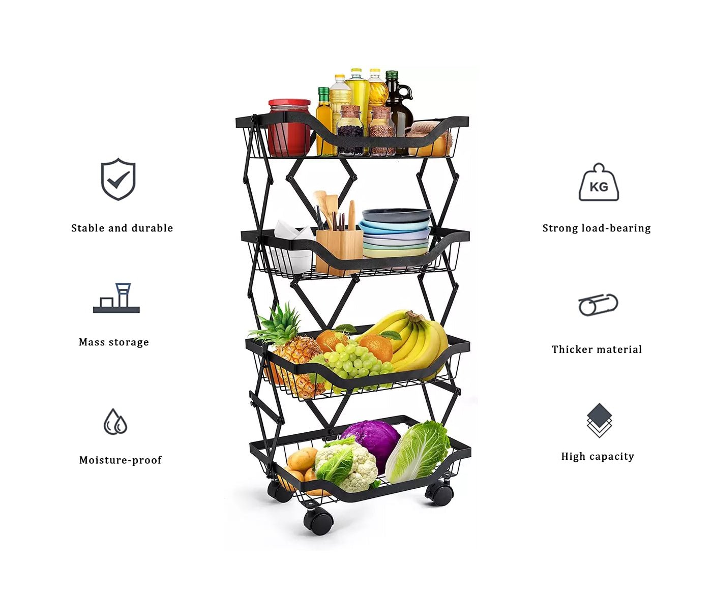 4 Layer Adjustable Foldable Movable Storage Rack for Kitchen Use Level Up