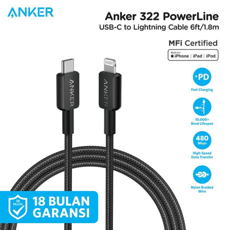 Anker 322 USB-C to Lightning Cable Braided (0.9m/3ft) -Black A81B5H11 - Level UpAnkerCharging Cable194644114510