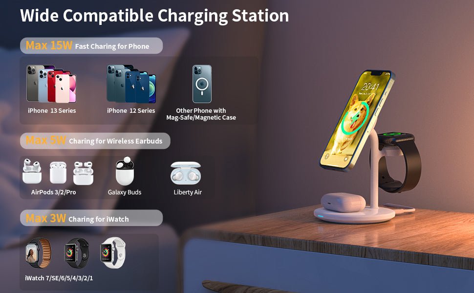 Choetech Magleap Duo 3in1 Magnetic wireless charger station for iPhone 12/13/14 series,AirPods Pro with Iwatch holder - Level UpLevel UpAdapter6932112101853