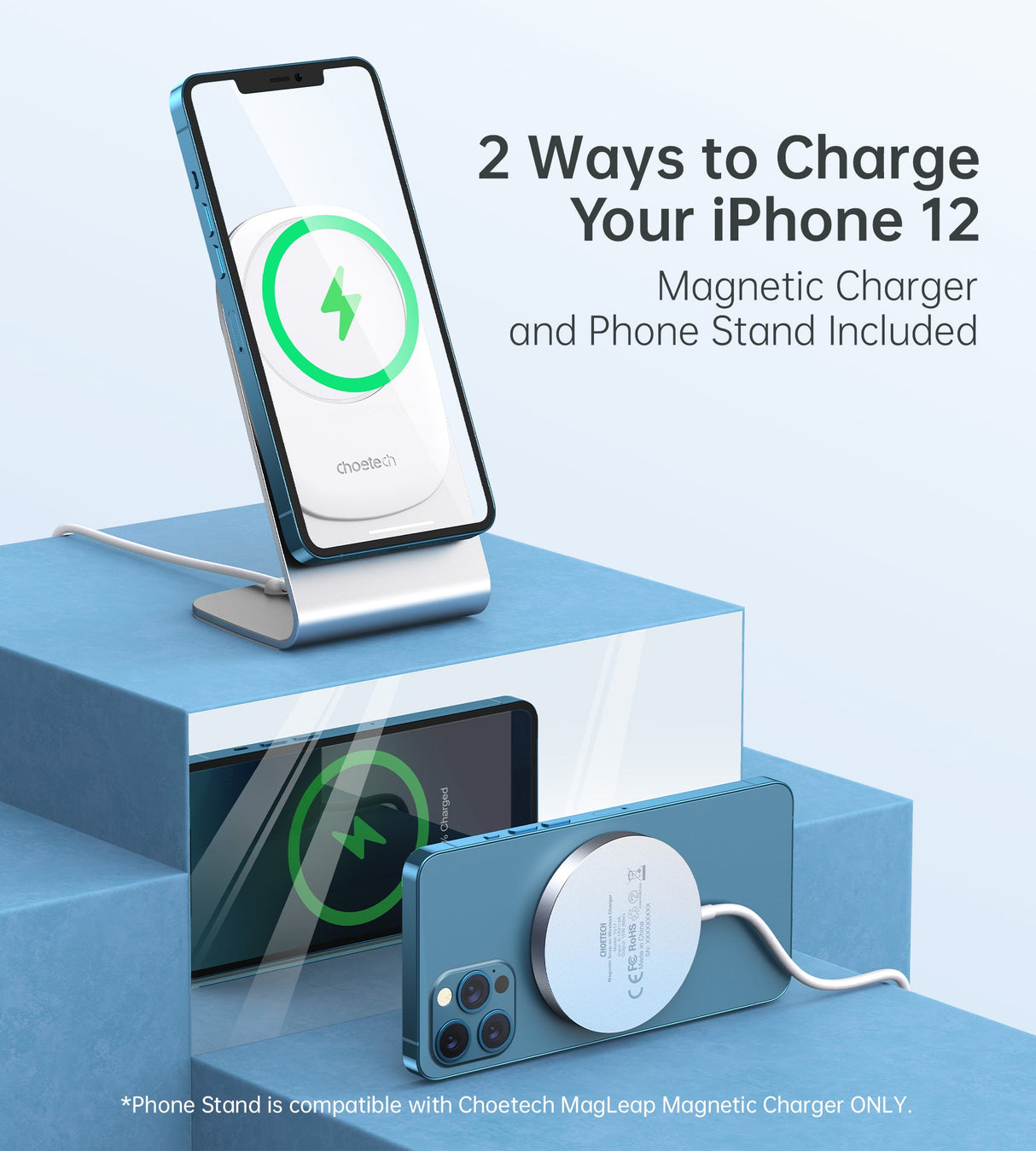 CHOETECH Magnetic Fast Wireless Charging Stand Holder with 5ft USB-C Cable for iPhone 12 (H047+T517) T511-S - Level UpLevel UpAdapter6971824978605
