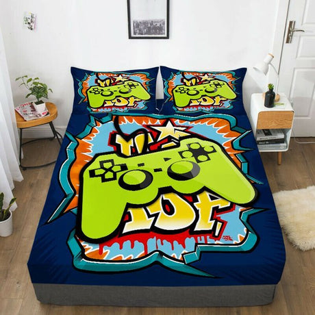 Cratoon Green Game Handle Printed Bedding Sheet With Pillowcase Children Teens Home Textiles - Level UpLevel UpBed Sheets