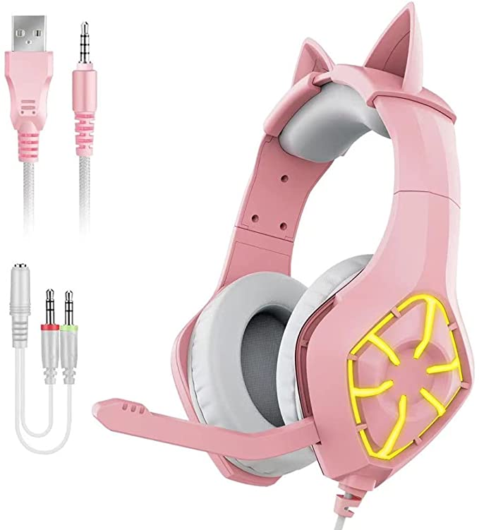 MSL GS-1000 PC Gaming Headset Over-Ear Gaming Headphones with Mic LED Light Noise Cancelling & Volume Control for PS4 PS5 Laptop Mac New Xbox One (Transfer line Included)- PINK - Level UpGS-1000Headset10572
