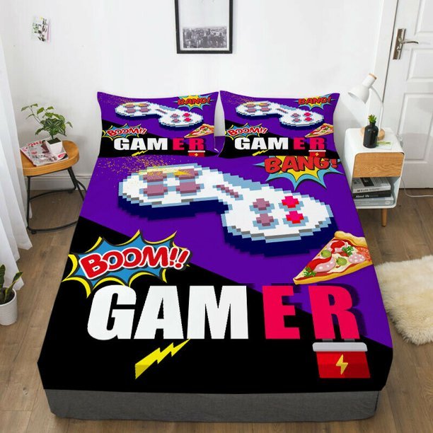 Purple Bedding Cover Sheet with pillow sheets Cartoon Game Handle Printed Home Textiles Unique Design - Level UpLevel UpBed Sheets