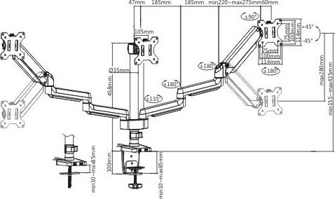 Twisted Mind Premium Triple Monitors Mount, Aluminum Pole, Mounted Gas, Spring Monitor, Arm With Usb Ports | LDT26-C036UP - Level UpLevel UpPC Accessories6956745162265