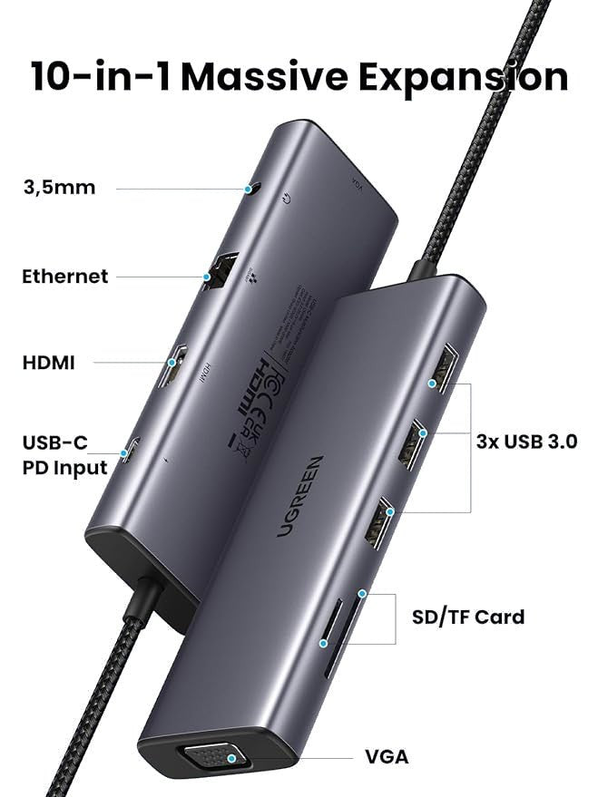 Ugreen 10-in-1 USB-C Hub (4K@30Hz HDMI, 3 USB 3.0)15601-CM498 - Level UpUGreenAccessories6941876216017