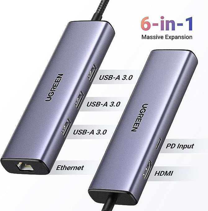 Ugreen 6-In-1 USB-C Hub (100W PD, 4K@30Hz HDMI) 15598-CM512