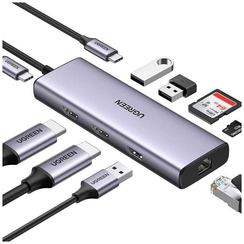 UGREEN USB-C to 2×USB 3.0+1×USB 2.0+2×HDMI 4K60Hz+RJ45(1000M)+SD+TF+PD  (CM490 90119) Level Up