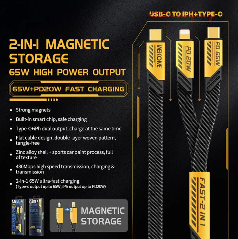 WEKOME WDC-189 Mecha Series - 2in1 USB-C to Lightning + USB-C 65W Fast Charging Cable 1.2 m - Yellow - Level UpWekomeCharging Cable6941027640821