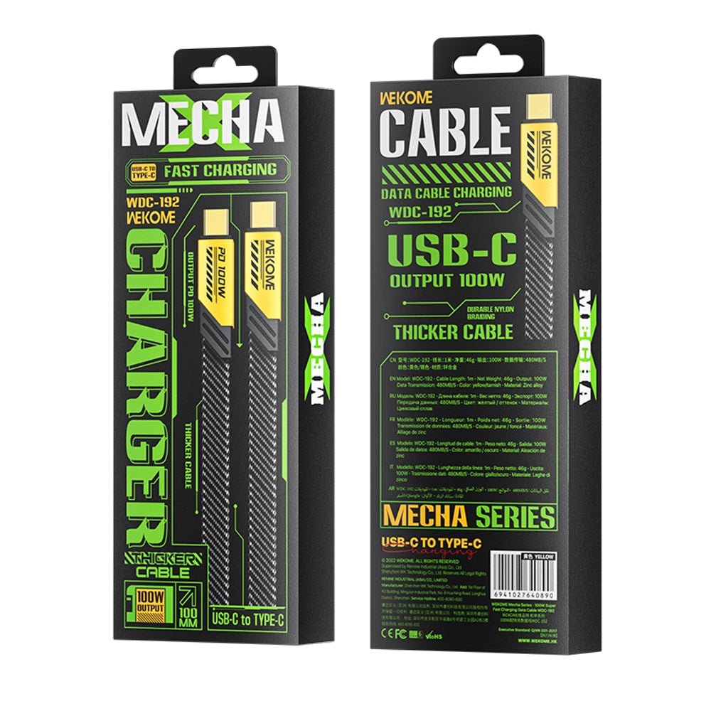 Wekome WDC-192 Mech Series 100W USB-C/Type-C to USB-C/Type-C Fast Charge Data Cable, Length: 1m - Yellow - Level UpWekomeCharging Cable6941027640890